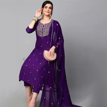 Kala Women??s Violet Cotton Blend Embroidered Straight Kurta With Trouser & Dupatta
